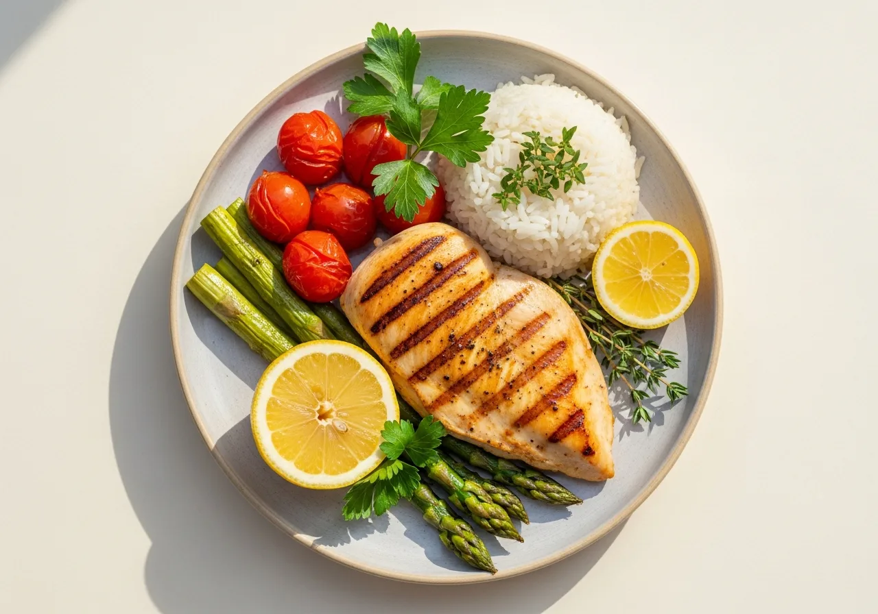 Chef-prepared balanced meal with grilled chicken, vegetables and rice