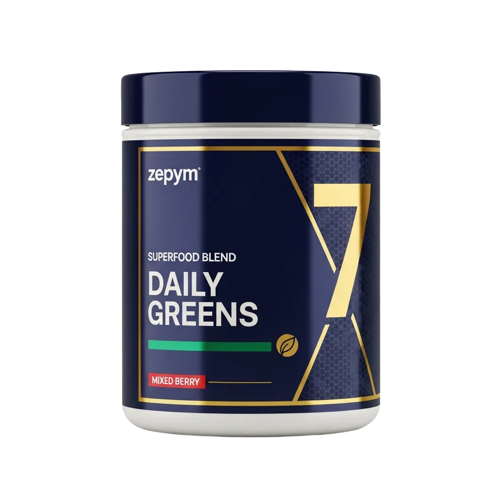 Zepym Health Daily Greens superfood blend supplement tub