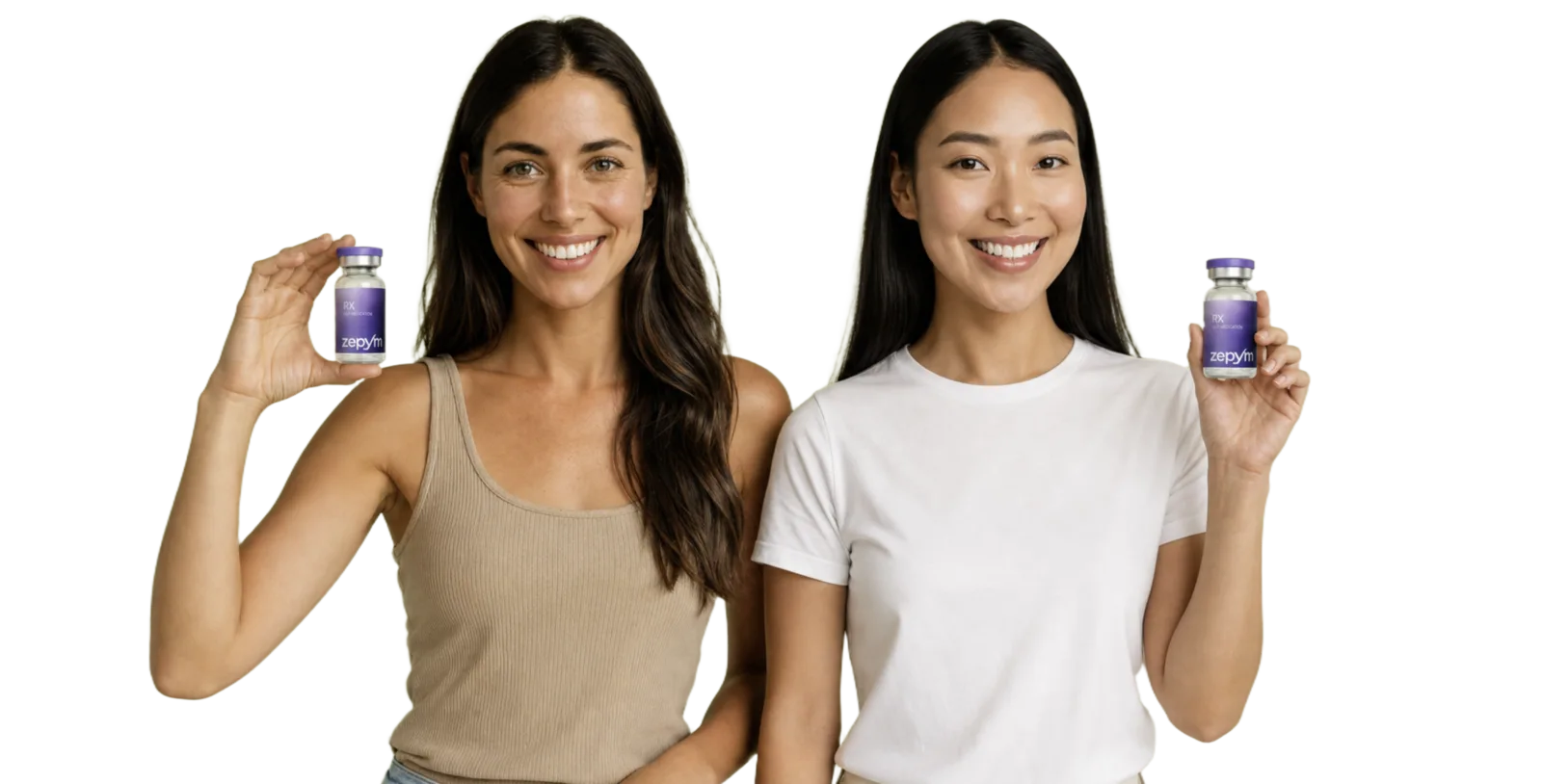 Two smiling patients holding their Zepym Health treatment vials