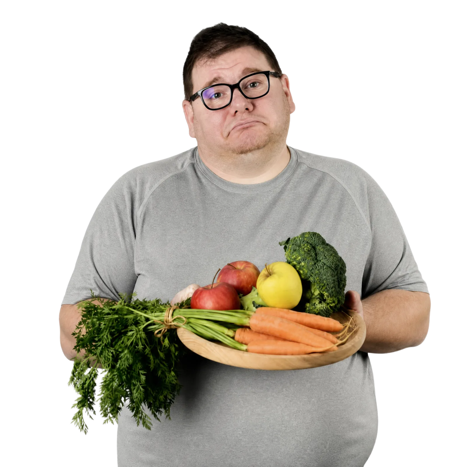 A man holding a bowl of vegetables